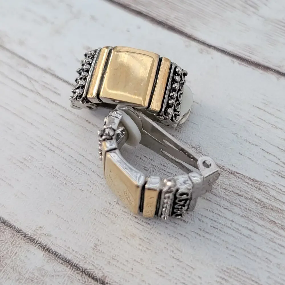 Vintage Clip On Earrings Chunky Gold Tone & Silver Tone Half Hoop - Some Marks